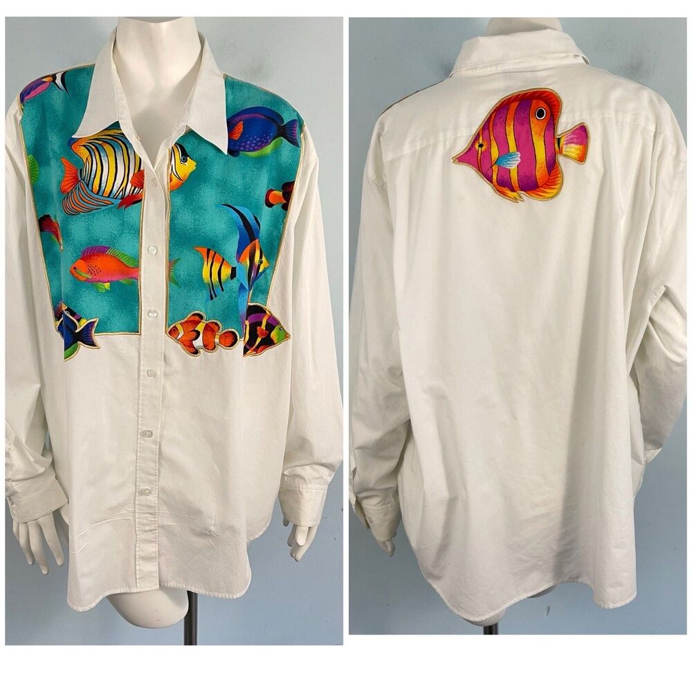 The Quacker Factory Plus 2X Tropical Fish Button Down Shirt Arsty Preppy Boho
